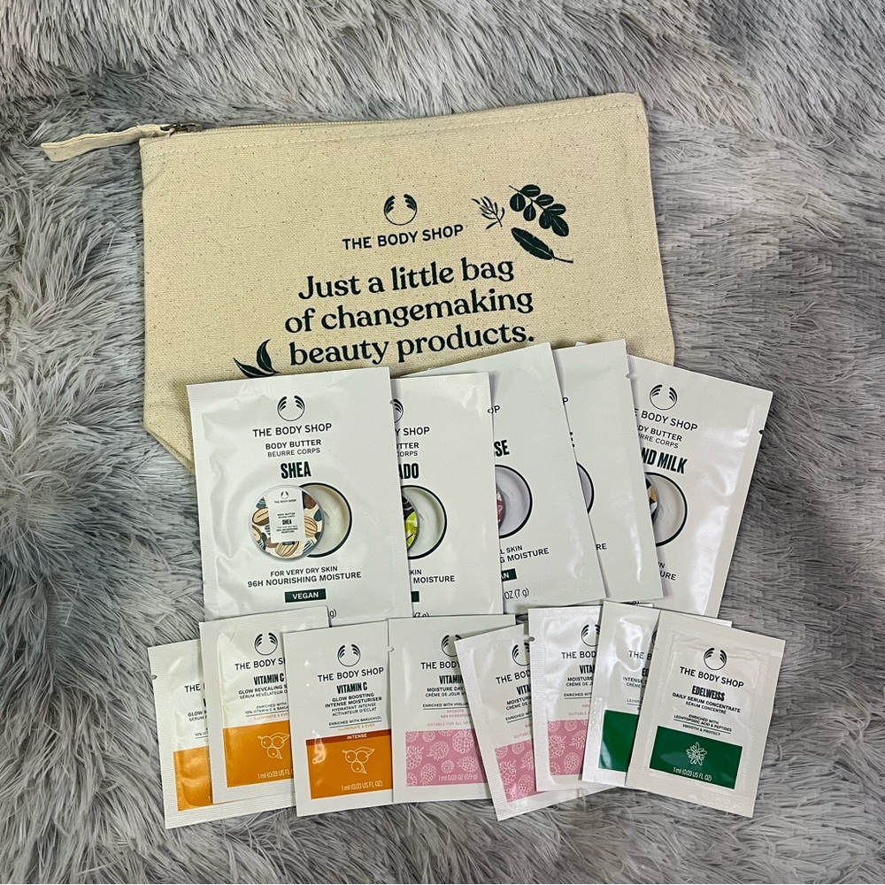 The Body Shop Reusable Pouch with 13 Skincare Samples